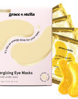 Packaging and sachets of grace & stella's energy drink eye masks designed to rejuvenate tired under eyes and diminish dark circles.