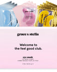 A collection of grace & stella Every Eye Mask Bundle targeting wrinkles and dark spots, in various colors packaged in a pink box with the text "welcome to the feel good club.