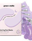 Grace & Stella purple eye masks with packaging and individual sachets displayed, targeting dark circles.