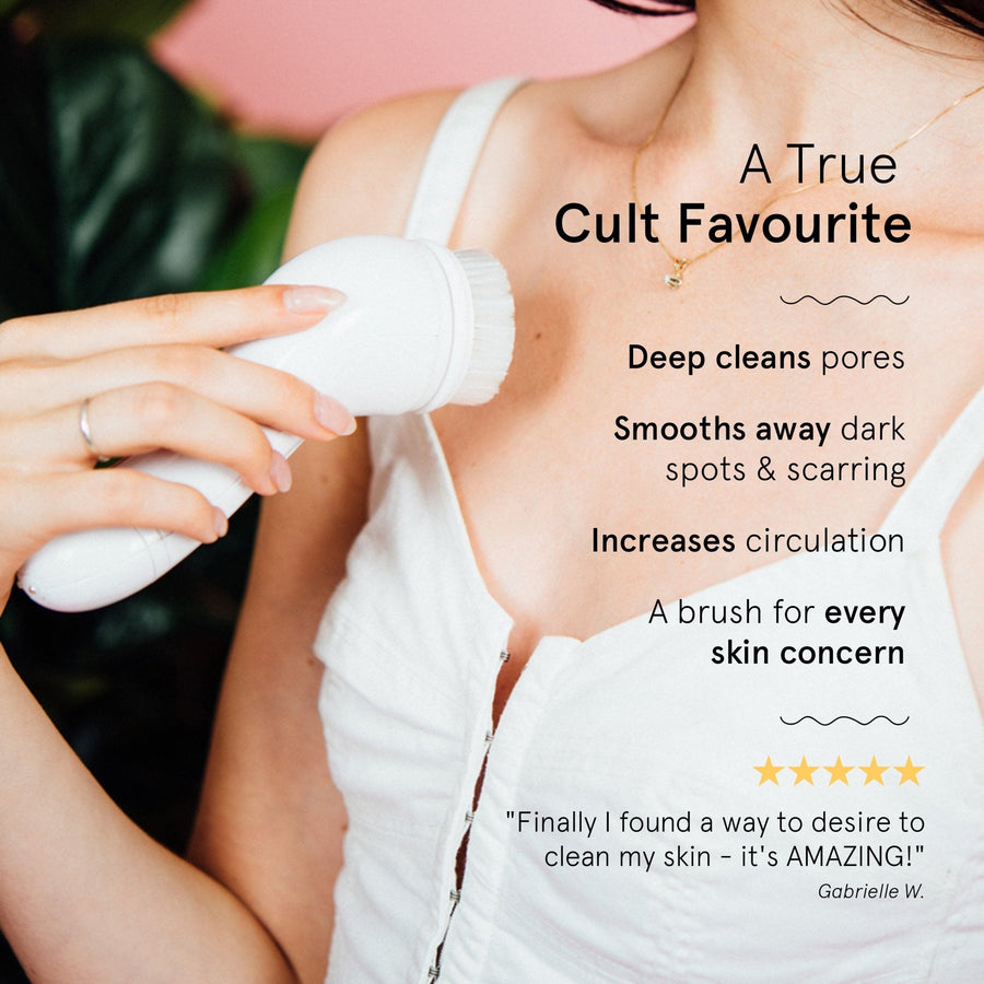 Woman holding a grace & stella 3-in-1 spin brush with benefits highlighted: deep pore cleaning, smoothing dark spots and scars, and increasing circulation. Testimonial included.