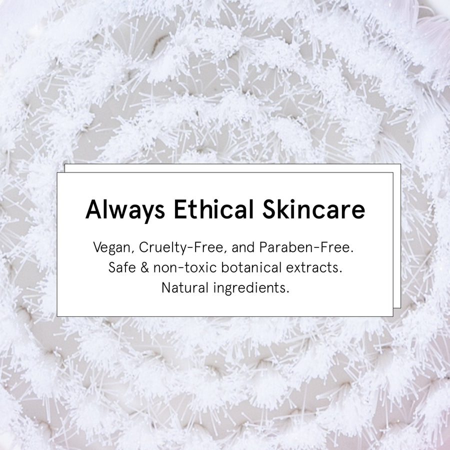 A label promoting "always ethical skincare" with claims of being vegan, cruelty-free, and paraben-free on a background of white, fluffy textures introduces grace & stella's latest product: the 3-in-1 spin brush.