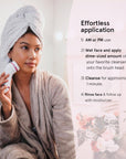 A woman in a robe and towel head wrap using a Grace & Stella 3-in-1 spin brush, accompanied by cleanser and skincare routine steps.