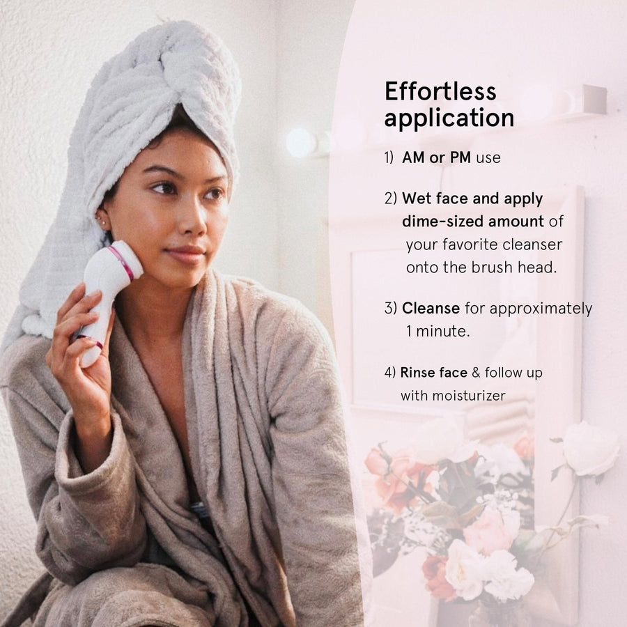 A woman in a robe and towel head wrap using a Grace & Stella 3-in-1 spin brush, accompanied by cleanser and skincare routine steps.
