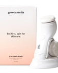 A 3-in-1 spin brush for skincare by grace & stella, positioned next to its packaging.