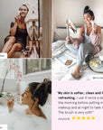 Four images of women enjoying skincare routines with cleansers and facial massagers in cozy settings, highlighting positive customer feedback on grace & stella's 3-in-1 spin brush.