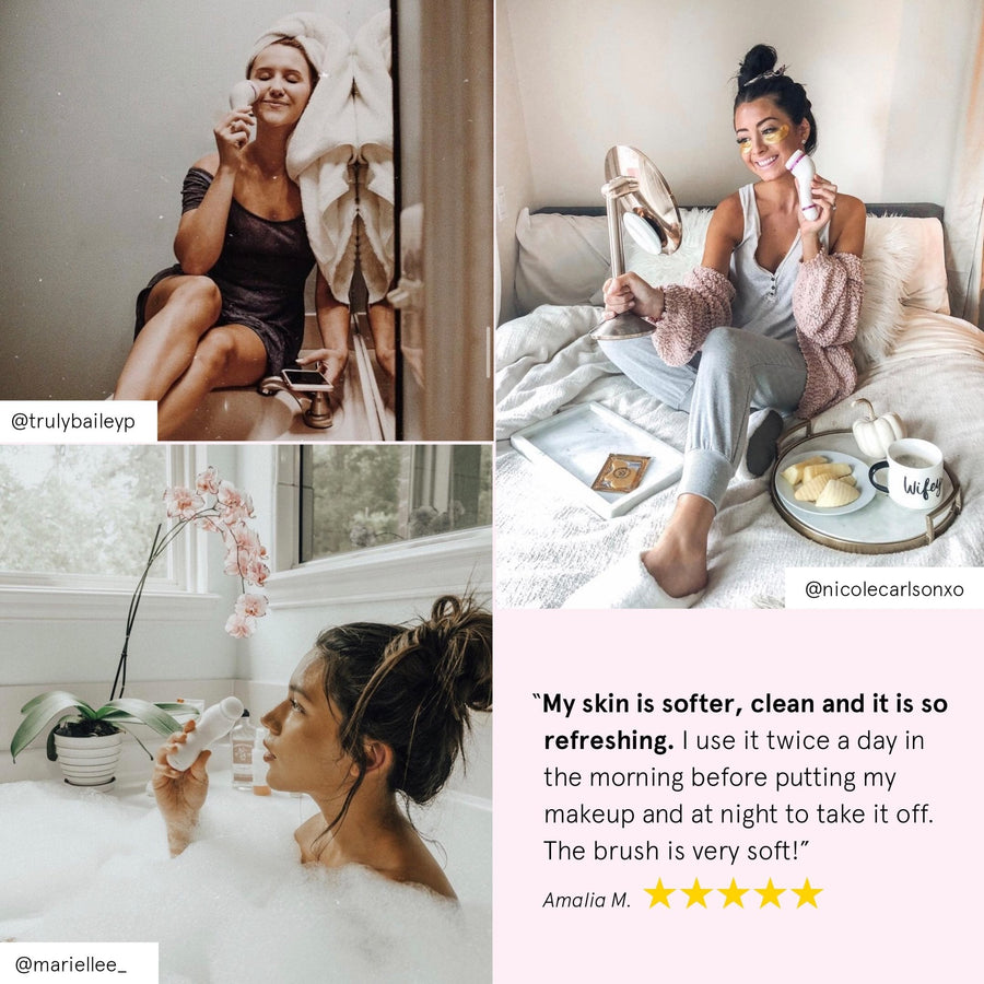 Four images of women enjoying skincare routines with cleansers and facial massagers in cozy settings, highlighting positive customer feedback on grace & stella's 3-in-1 spin brush.