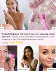 A collage of four women showcasing their grace & stella 7-in-1 spin brushes and facial massagers along with customer testimonials and a variety of skincare products.