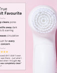 Facial Spin Brush advertisement featuring grace & stella's 7-in-1 spin brush benefits and customer testimonial on a pink background.