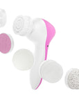 Electric facial cleansing brush with interchangeable heads, including a grace & stella 7-in-1 Spin Brush.