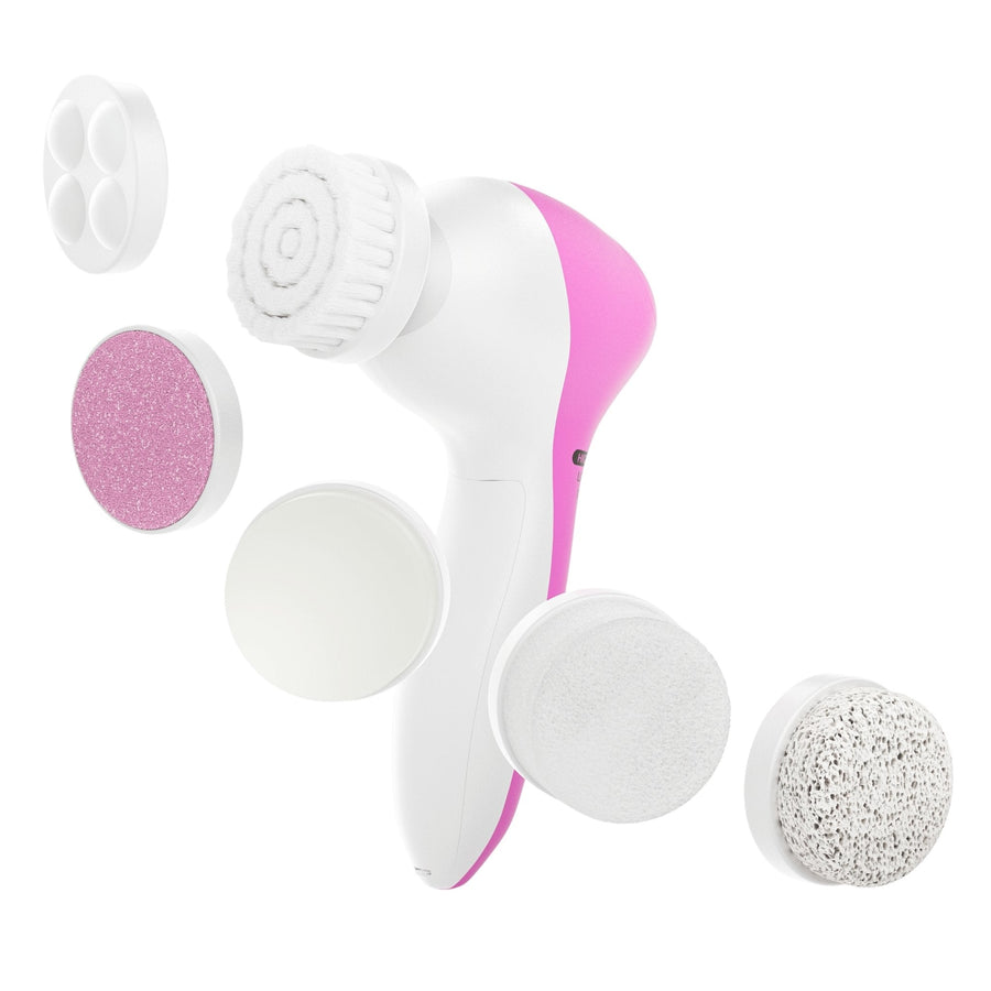 Electric facial cleansing brush with interchangeable heads, including a grace & stella 7-in-1 Spin Brush.