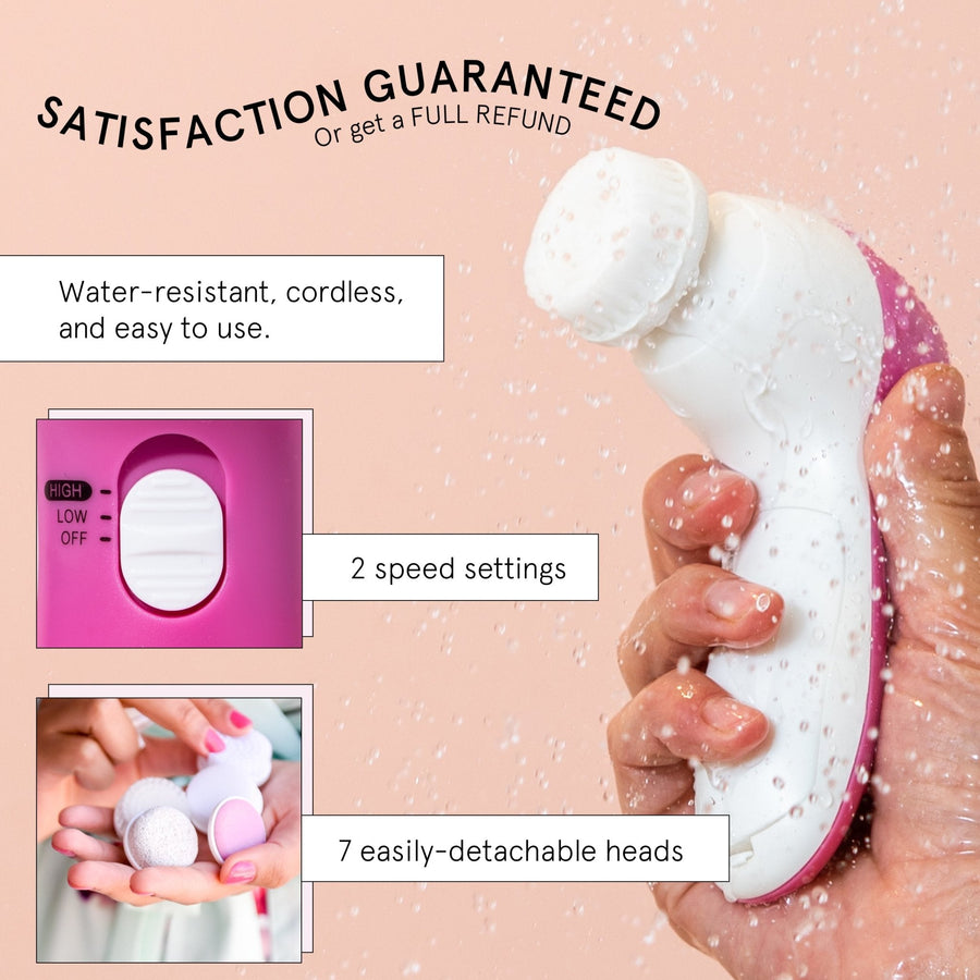 Hand holding a Grace & Stella 7-in-1 spin brush with interchangeable heads and speed settings, highlighted features and satisfaction guarantee.