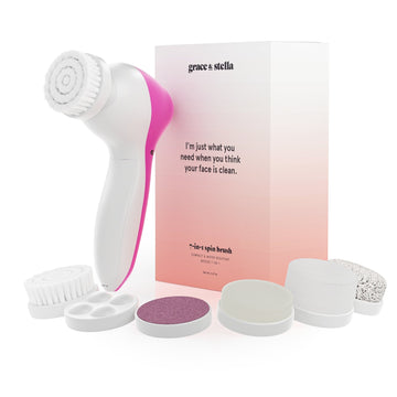 Facial 7-in-1 spin brush set with various attachments displayed next to its Grace & Stella packaging.