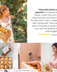 A collage of four images showcasing different people engaging in self-care activities: picking fruits, enjoying a spa-quality bath with grace & stella bath bombs, and using beauty products.