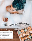 Woman enjoying a relaxing bubble bath with a set of grace & stella spa-quality bath bombs nearby.