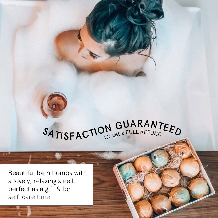 Woman enjoying a relaxing bubble bath with a set of grace & stella spa-quality bath bombs nearby.