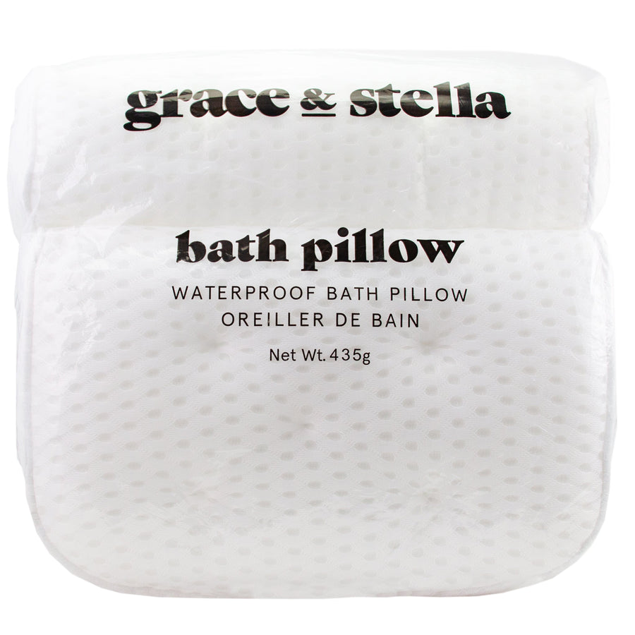 White waterproof Bath Pillow by Grace & Stella, packaged and labeled with product information for maximum comfort and relaxation.