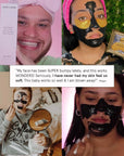 Collage of diverse individuals sharing positive experiences with a grace & stella blackhead removal peel-off mask.