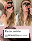 A woman demonstrates the application process of a grace & stella blackhead removal peel-off mask with step-by-step instructions, aimed at removing blackheads.