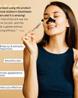 Woman applying a grace & stella blackhead removal peel-off mask for skincare, holding a tube of activated charcoal product, with positive testimonials and benefits listed.