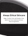 A black cosmetic container with a label highlighting ethical skincare properties: vegan, cruelty-free, and paraben-free, with safe non-toxic botanical extracts for a Grace & Stella blackhead removal peel off mask designed to eliminate blackheads.