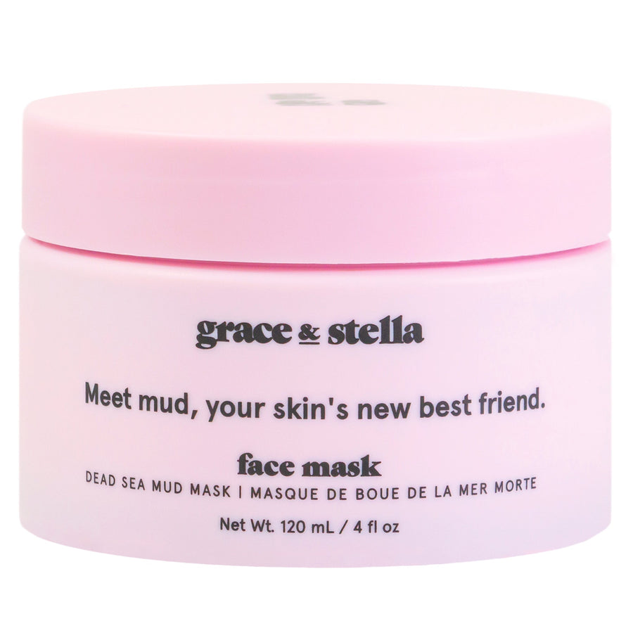 A pink and white container of grace & stella Dead Sea Mud Mask for combination skin.