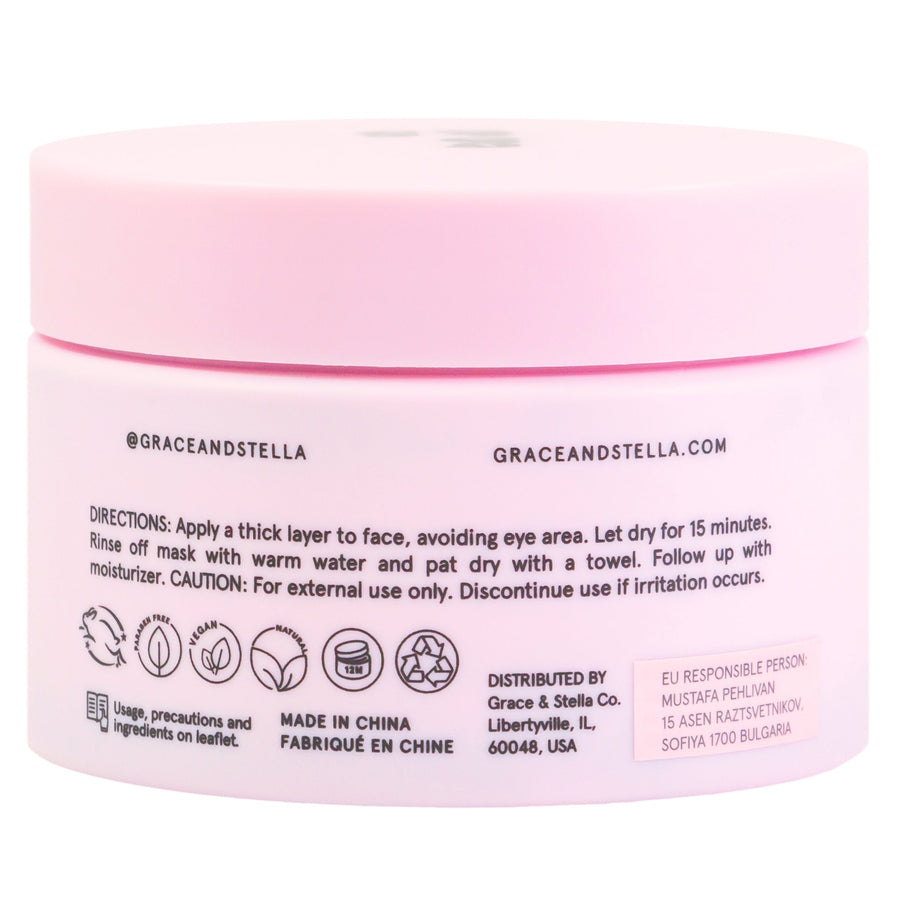 A pink-lidded grace & stella Dead Sea Mud Mask for acne with instructions and contact information on the label.