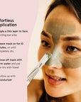 Woman applying a Grace & Stella Dead Sea Mud Mask for acne with instructions for effortless application, ideal for combination skin.