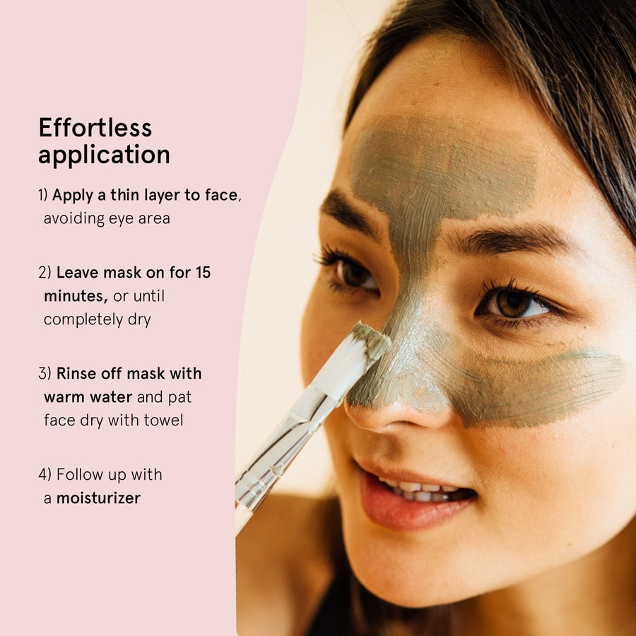 Woman applying a Grace & Stella Dead Sea Mud Mask for acne with instructions for effortless application, ideal for combination skin.