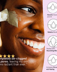 A smiling woman applies a Grace & Stella Dead Sea Mud Mask to her face, accompanied by icons highlighting the skin care benefits such as absorbing impurities and retaining moisture for combination skin.