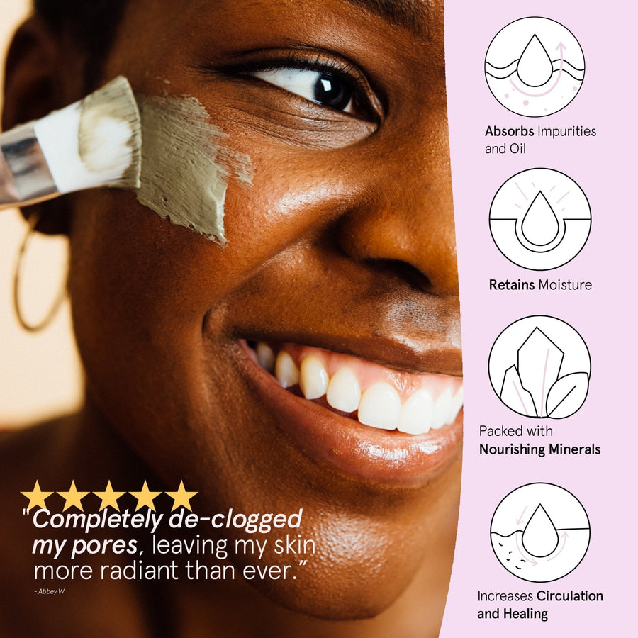A smiling woman applies a Grace & Stella Dead Sea Mud Mask to her face, accompanied by icons highlighting the skin care benefits such as absorbing impurities and retaining moisture for combination skin.