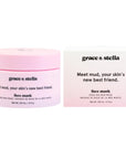 Two "grace & stella Dead Sea Mud Masks" for acne products, one in a pink jar and one in its white box packaging, both with the slogan "meet mud, your skin's new best