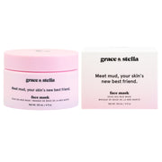 Two "grace & stella Dead Sea Mud Masks" for acne products, one in a pink jar and one in its white box packaging, both with the slogan "meet mud, your skin's new best