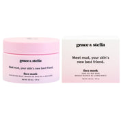 Two "grace & stella Dead Sea Mud Masks" for acne products, one in a pink jar and one in its white box packaging, both with the slogan "meet mud, your skin's new best
