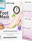 dr. pedicure foot peeling mask product packaging by grace & stella highlighting natural ingredients, with an image of a foot and claims of softer feet in one hour.
