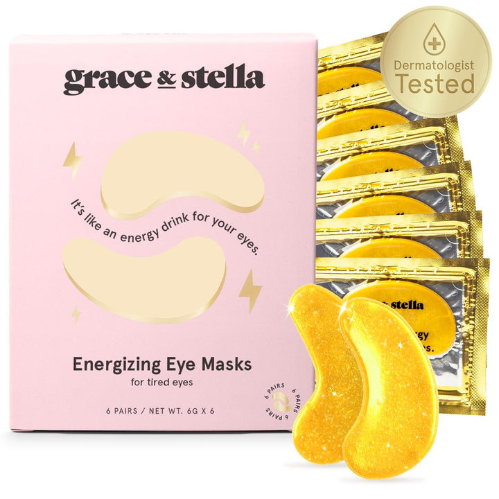 A package of grace & stella energizing eye patches alongside a free sample set of eye masks (6 pairs) for dark circles.