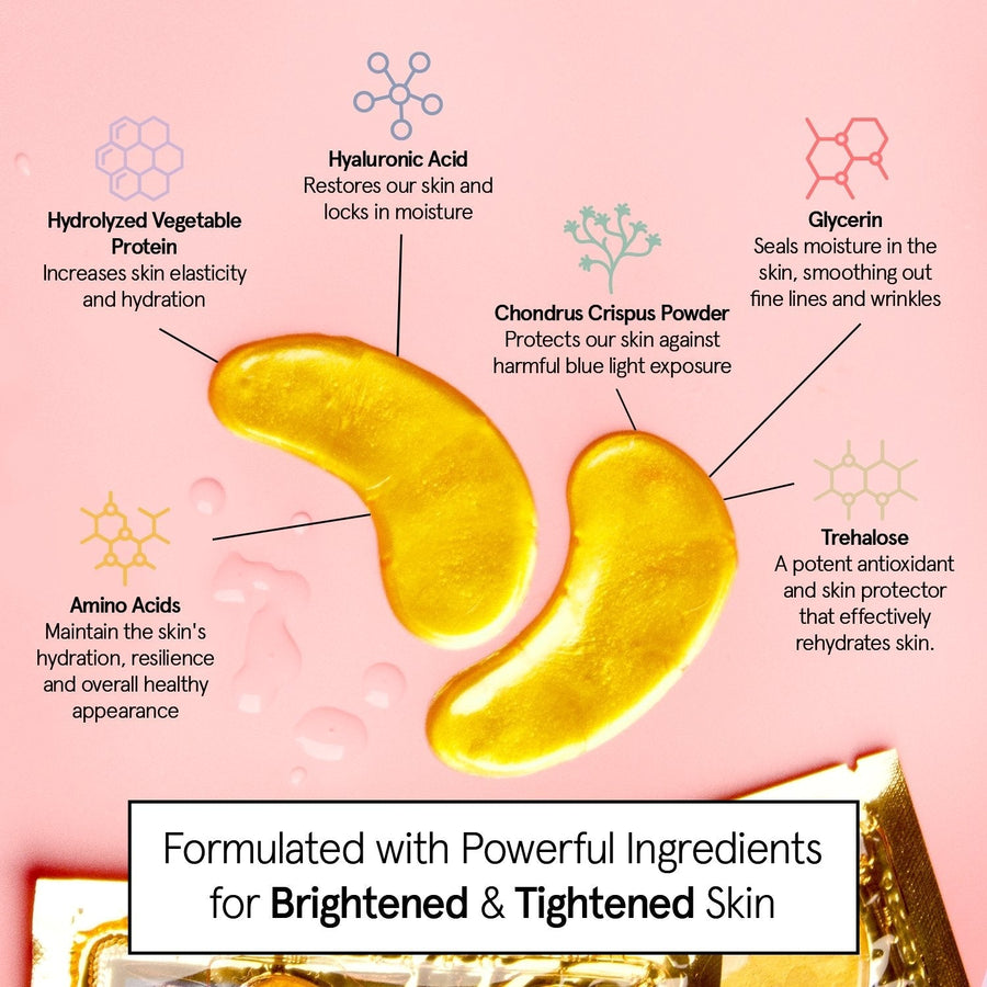 Graphic illustration highlighting the benefits of ingredients in a grace & stella eye mask set for brightened and tightened skin, with special attention to dark circles reduction and hydration.