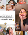 Collage showcasing beauty influencer and celebrity Jessica Alba using and promoting Grace & Stella's free sample set of eye masks (6 pairs) for dark circles and hydration.