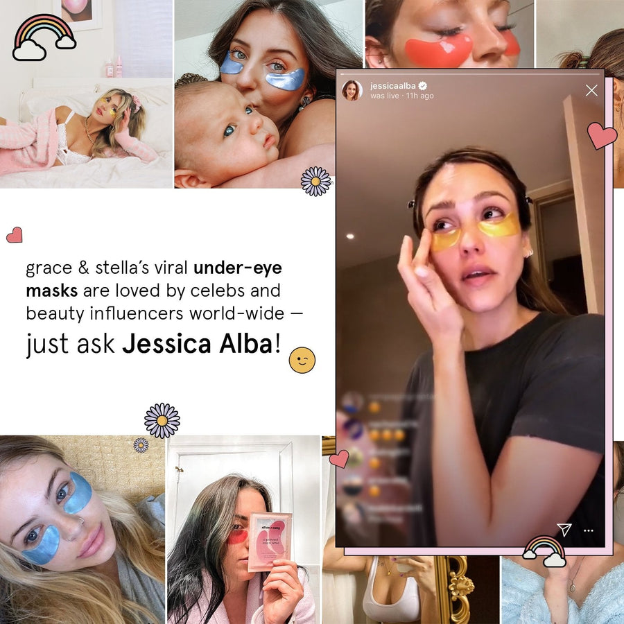 Collage showcasing beauty influencer and celebrity Jessica Alba using and promoting Grace & Stella's free sample set of eye masks (6 pairs) for dark circles and hydration.