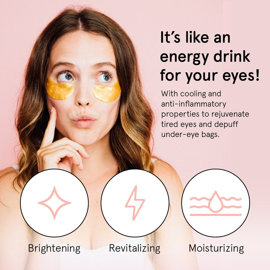 Woman applying grace & stella eye patches for skincare benefits including hydration with icons indicating brightening, revitalizing, and moisturizing effects.