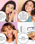 A step-by-step guide to applying grace & stella under-eye patches for skincare, featuring a smiling woman demonstrating the process.