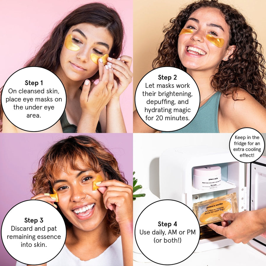 A step-by-step guide to applying grace & stella under-eye patches for skincare, featuring a smiling woman demonstrating the process.