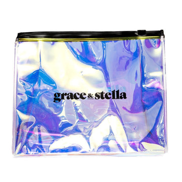 Holographic travel cosmetic bag with grace & stella branding.