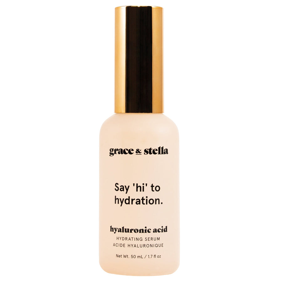 A bottle of grace & stella hyaluronic acid serum for improved hydration and firmness.
