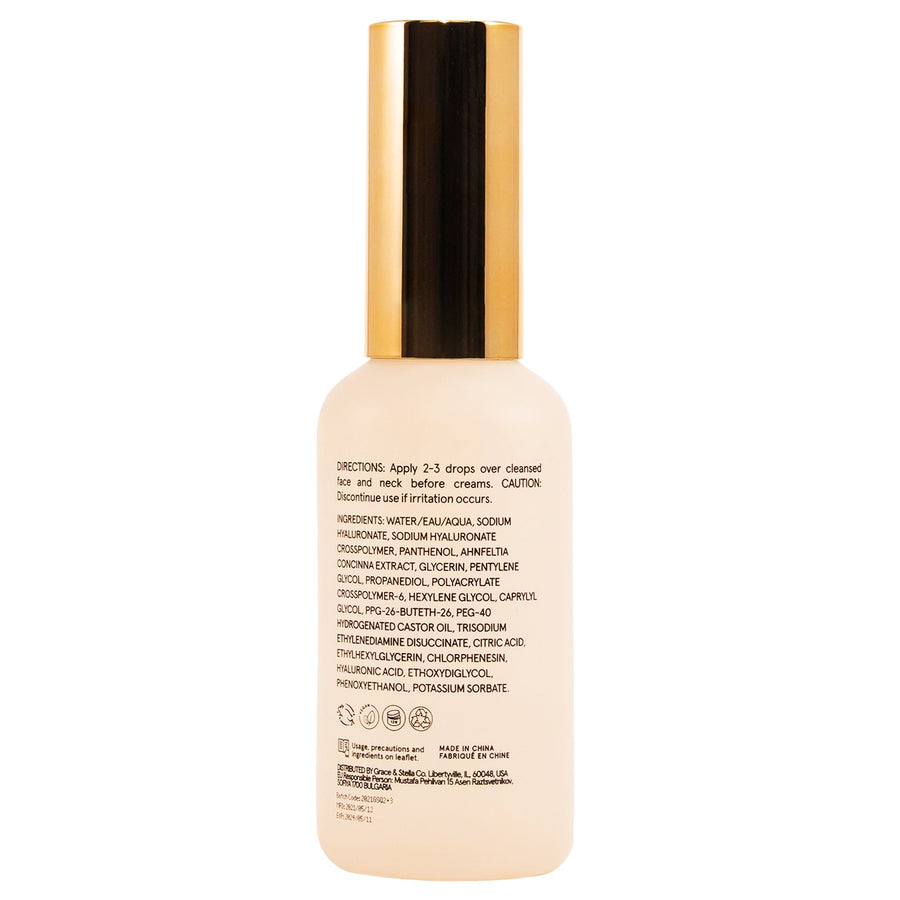 A bottle of Grace & Stella hyaluronic acid serum with firmness-enhancing properties and a comprehensive list of ingredients and usage instructions on the label.