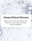 A promotional image for grace & stella hyaluronic acid serum featuring bubbles, highlighting the product as vegan, cruelty-free, and paraben-free with safe, non-toxic botanical extracts for enhanced hydration.