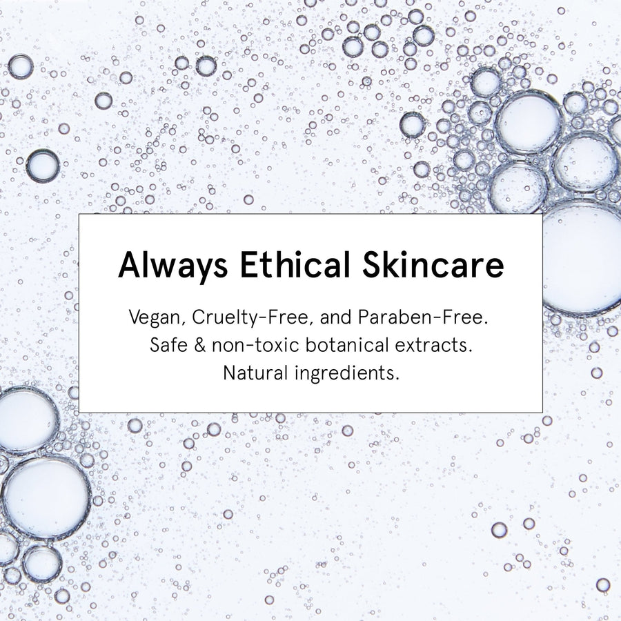 A promotional image for grace & stella hyaluronic acid serum featuring bubbles, highlighting the product as vegan, cruelty-free, and paraben-free with safe, non-toxic botanical extracts for enhanced hydration.