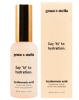 Bottle of Grace & Stella Hyaluronic Acid Serum aimed at enhancing skin firmness, next to its packaging.