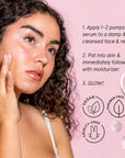 A woman demonstrating the application of Grace & Stella's hyaluronic acid serum, with product information and benefits such as improved hydration and firmness listed beside her.