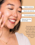 A woman smiling with a touch of her hand to her face, accompanied by text highlighting the benefits of grace & stella's Hyaluronic Acid Serum for enhanced hydration and firmness, and a positive glow.
