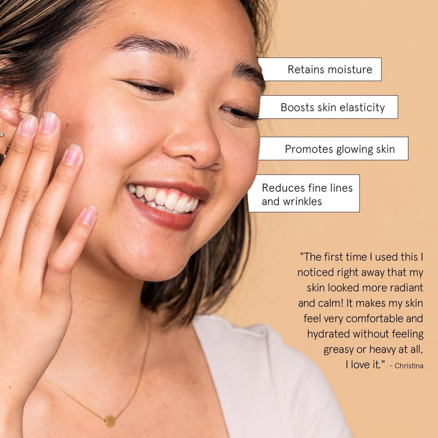 A woman smiling with a touch of her hand to her face, accompanied by text highlighting the benefits of grace & stella's Hyaluronic Acid Serum for enhanced hydration and firmness, and a positive glow.